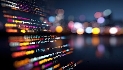 Colorful computer code lines displayed against a blurred urban night cityscape