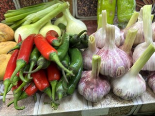  garlic, hot pepper and others vegetables on market