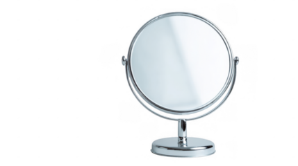Chrome makeup mirror reflecting a bright light source, showcasing a sleek, polished design on a transparent background. Ideal for beauty and self care themes, enhancing any vanity setup