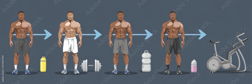 Poster mens fitness and nutrition tips guide showcasing progress from beginner to advanced with exercise eq
