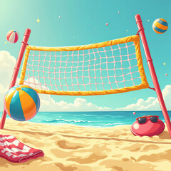 Beach volleyball net with colorful balls and towel on sandy shore  