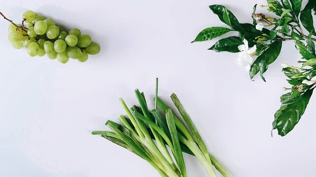 fruit and veggie clip, colorful flower display, grapes and lettuce, fresh produce video, vibrant food visuals, artistic fruit arrangement, healthy eating inspiration, joyful nature scene, beautiful pl