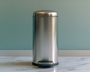 Metal bin with foot pedal, against a pale wall