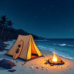 Camping tent by the beach with a campfire at night  