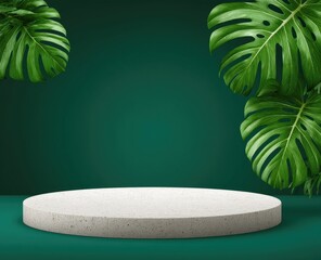 Empty white pedestal with tropical leaves