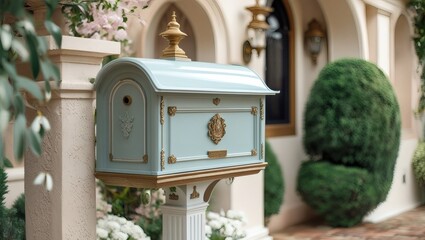 Elegant Light Blue Postbox with Gold Accents in a Luxurious Setting
