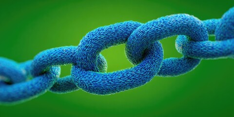 Close-up of a textured blue chain link against a green background