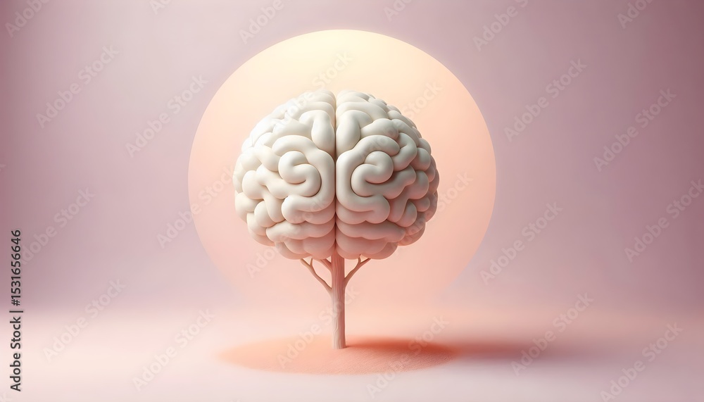 Poster minimalist brain-shaped tree standing on soft background as concept for mindful living and inner dev