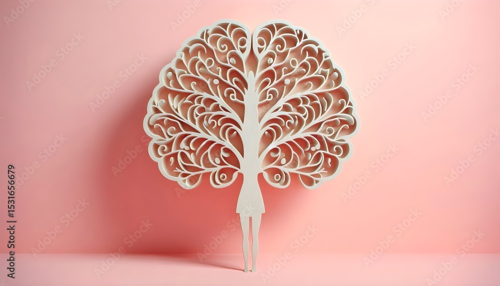 Poster visual metaphor of inner growth shown as a tree with brain shape against calm soft pastel-colored ba