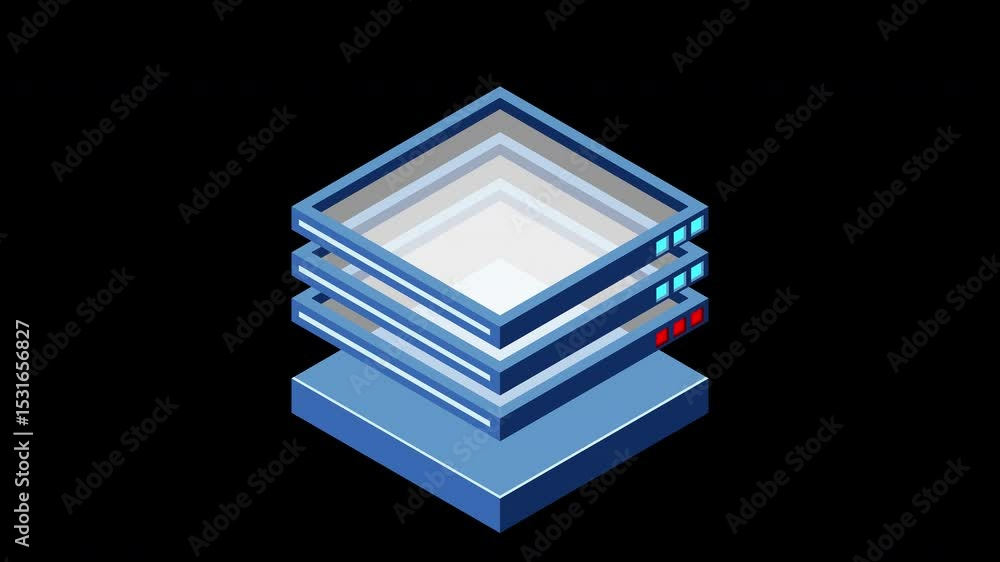 Poster Isometric futuristic server animation. Isometric database or data center. Abstract blockchain. Computer storage. Cloud storage. Transparent background with alpha channel