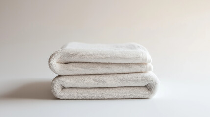 A neatly folded  white towel placed on a clean white background.