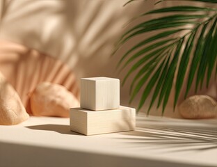 Light beige wooden cube podiums, tropical leaves,  soft lighting