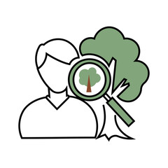 Person tree icon. Nature study symbol. Green lens design. White background.