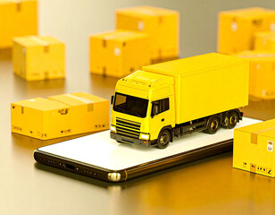 A yellow delivery truck model sits atop a smartphone surrounded by cardboard boxes.