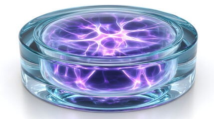 Futuristic glass container with glowing digital skin cell repair animation, isometric view, vibrant purple and blue energy, science fiction concept