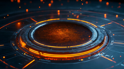 Futuristic neural interface mesh with glowing orange points, digital circuit pattern, and sci fi technology design, creating high tech, immersive atmosphere