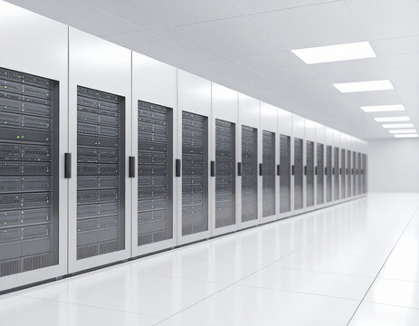 Rows of sleek server racks line a pristine, modern data center hallway. - Powered by Adobe