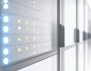 Close-up of a server rack with blinking lights, showing data processing and information technology.