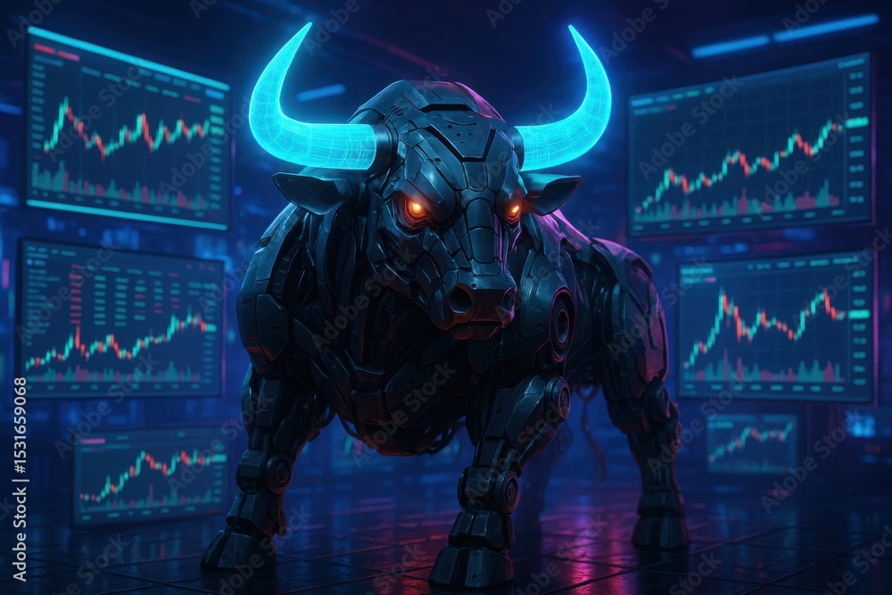 Aufkleber robotic bull trader with holographic horns analyzing cryptocurrency charts in neon-lit digital tradi