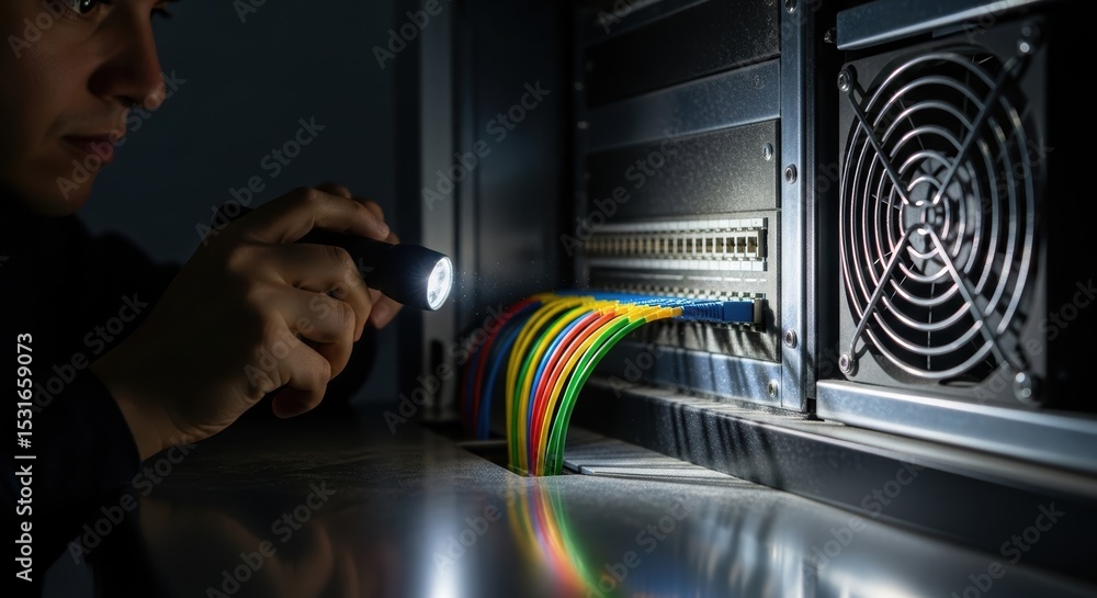 Poster professional data center maintenance: hands-on server and device cleaning with flashlight