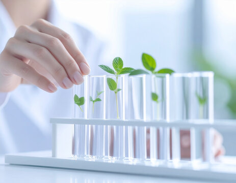 Scientist carefully tending to young plants growing in test tubes within a laboratory setting.