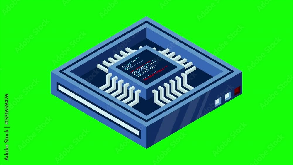 Poster isometric futuristic server animation. isometric database or data center. abstract blockchain. compu