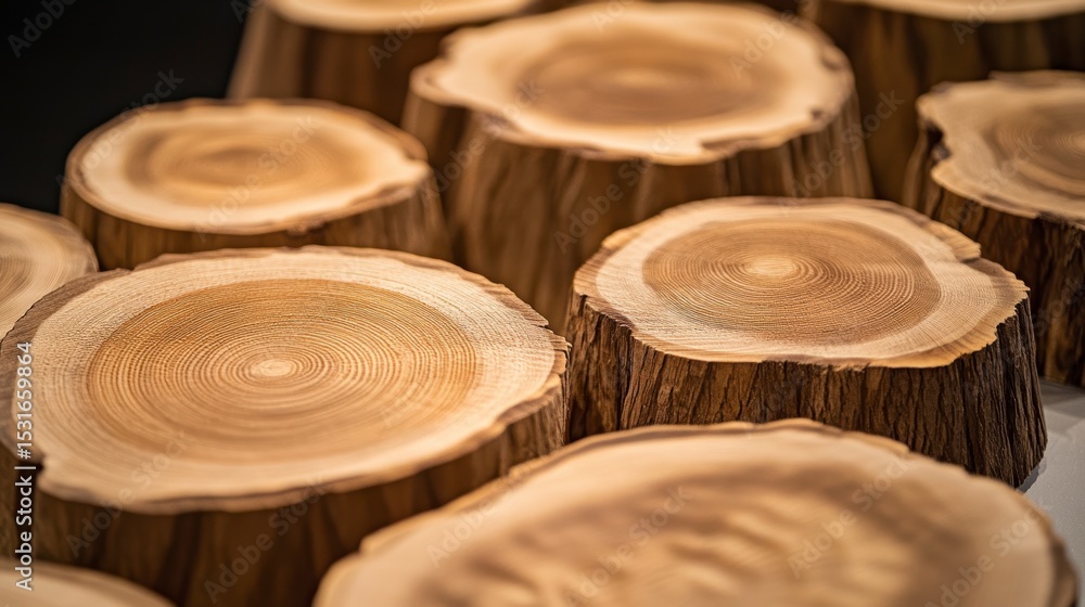 Poster close-up of multiple polished wood slices, showcasing concentric rings and textures.