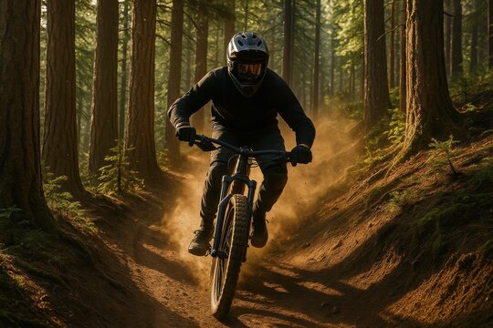 Adventure cyclist navigating challenging mountain trail through dense forest terrain
