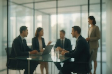 Blurred Business Meeting in Modern Office Conference Room with Professional Corporate Environment