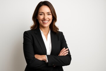 Confident businesswoman radiating success and positive energy in professional corporate setting