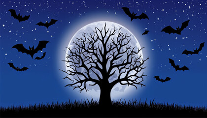 A dark night under the moonlight, bats flying around a terrifying tree.