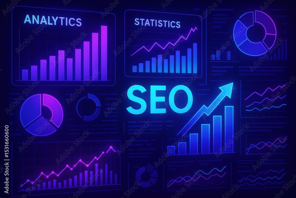 Poster data analysis and search engine optimization with charts and neon screen effects
