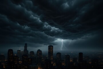 Fototapeta premium Dramatic storm clouds gathering over illuminated urban skyline at dusk