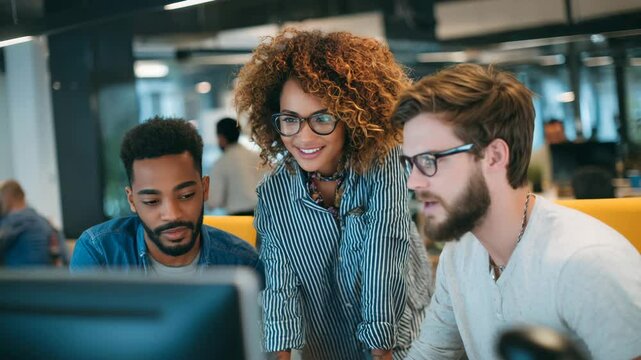 Tech business office workers working together looking at computer monitor
