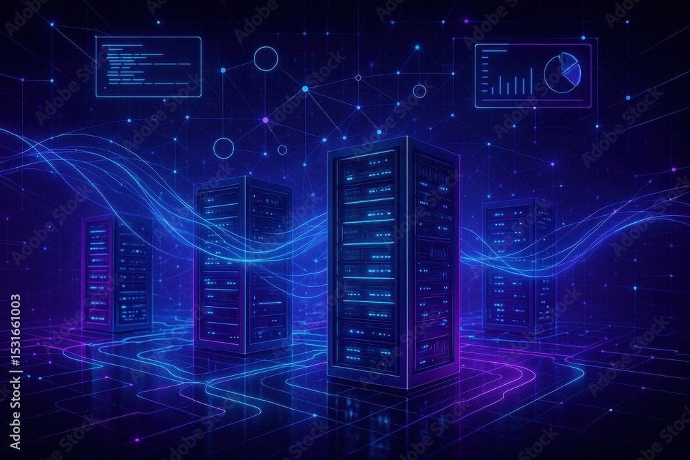 Poster futuristic cloud technology hub with neon cyberpunk aesthetics and data visualization