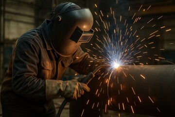Fototapeta premium Industrial metalworker welding pipeline with protective gear and safety equipment