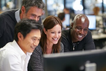 Tech business office workers working together looking at computer monitor