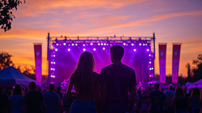 Evening concert at the Gilroy Garlic Festival, stage glowing with purple lights, silhouettes of people dancing, garlic-themed banners fluttering in the breeze, vibrant festival atmosphere.