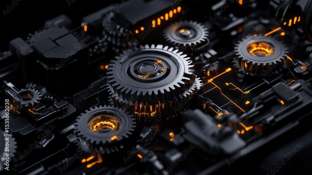 Aufkleber Technology concept featuring mechanical gears merging with data points and glowing lines