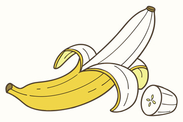 Cartoon drawing of a peeled banana and slice