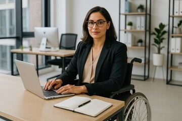 Professional Woman in Wheelchair Working in Modern Office for Disability Inclusion and Workplace Diversity