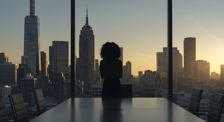 Powerful image of a woman silhouetted against a breathtaking cityscape sunset. Ideal for themes of ambition, success, and urban life.  Captures a moment of reflection and aspiration.