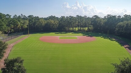 Obraz premium Aerial view of a baseball field on a sunny day.