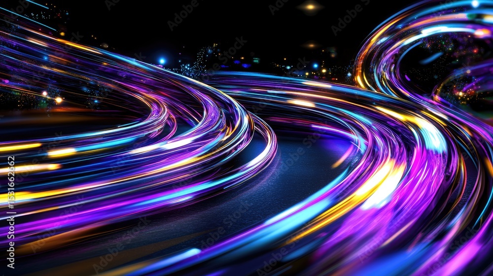 Poster purple glowing wave swirls with fast-moving neon lines, digital highway motion, futuristic tech vibe