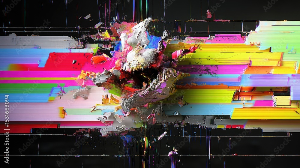 Poster Neon glitch waves disrupting a multicolor background, tech error visuals in cyber palette