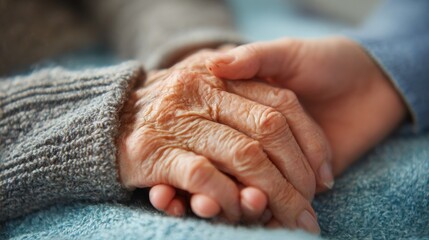 Closeup of a Christian volunteer holding the hand of an elderly person, providing them with companionship and support in a nursing home.