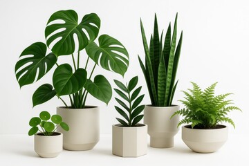 Contemporary Potted Plants Collection in Minimalist Ceramic Planters on Clean White Background