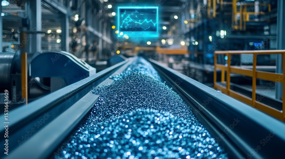Poster Metal parts on a conveyor belt in a factory with a digital display showing production data.