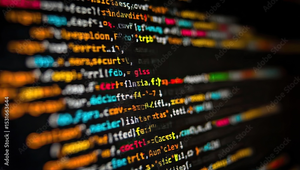 Fototapete Close-up view of colorful computer code on a dark screen