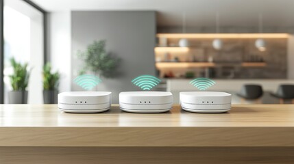 Three modern white wifi routers on a kitchen counter, showcasing a strong home network signal.